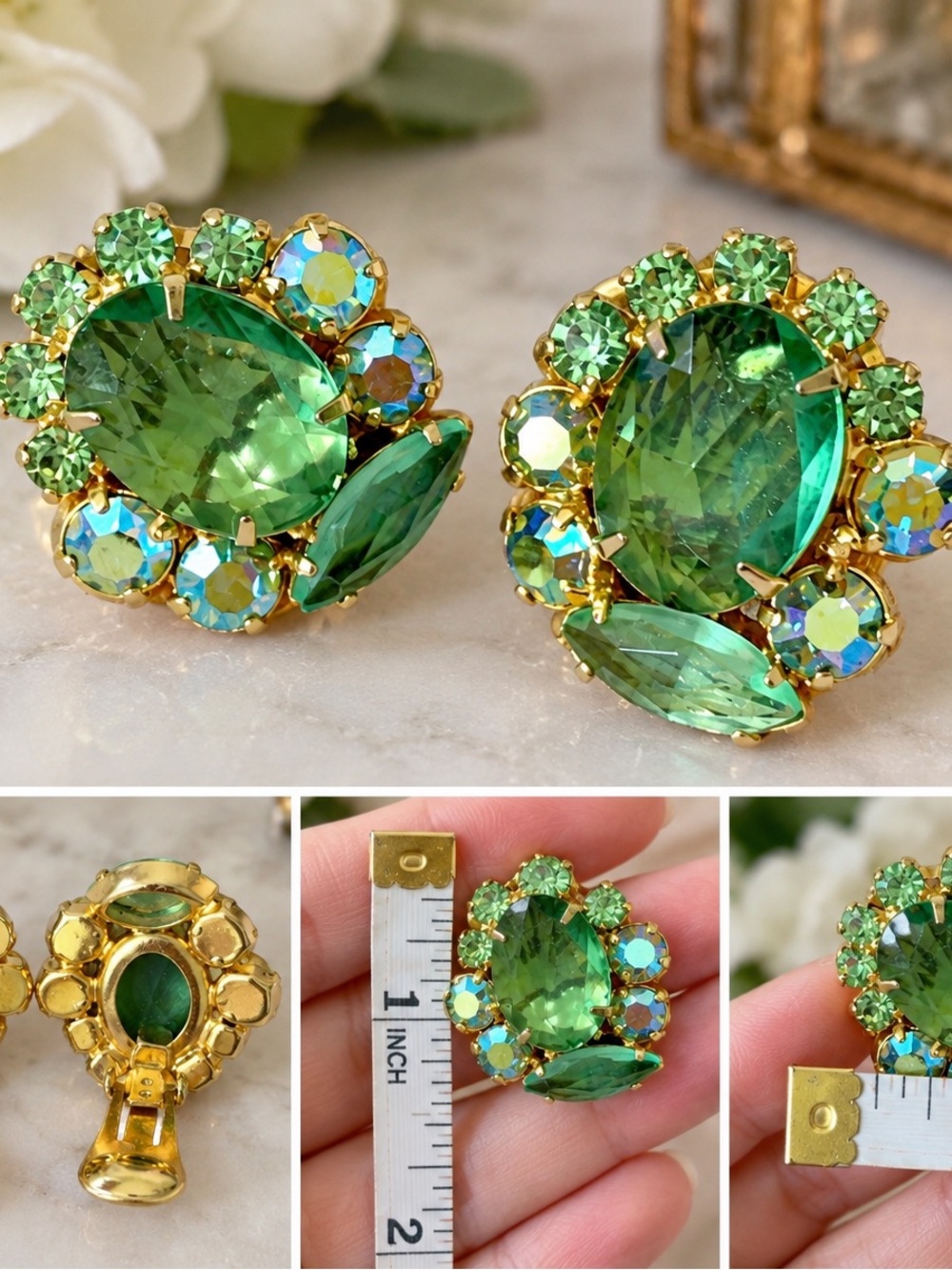 Vintage Green Rhinestone Clip-On Earrings AB Gold Tone Mid-Century